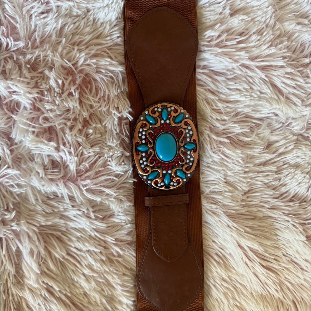 Brown Leather Belt with Turquoise and Red Accents